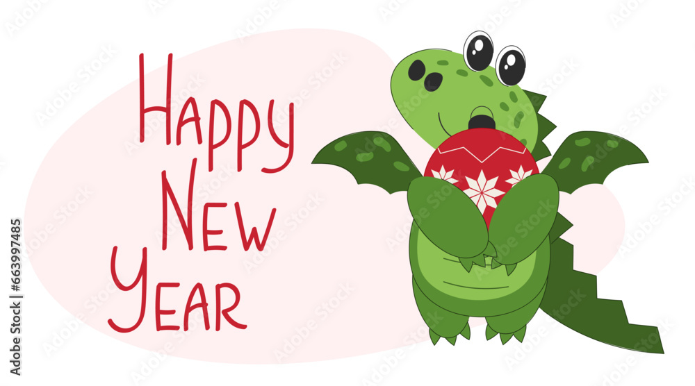 Fototapeta premium Happy new year card with dragon. Cute cartoon baby dino character. Vector greeting card. 
