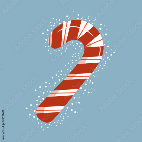 Candy cane. Cartoon style. Playful illustration with striped sweet treat on blue background, perfect for holiday designs and festive themes. Christmas stick. Traditional xmas candy with red stripes.