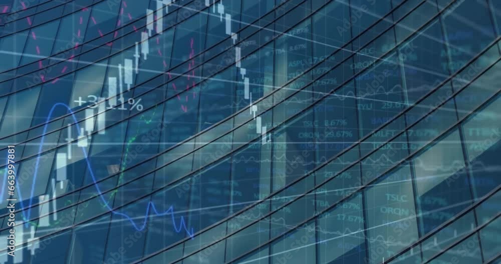 Animation of multiple graphs with changing numbers over modern glass building