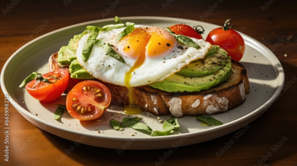 Juicy avocado toast topped with tomato slices and a sunny-side-up egg. A healthy keto breakfast with protein and fat-rich benefits.