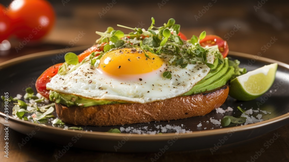 Juicy avocado toast topped with tomato slices and a sunny-side-up egg. A healthy keto breakfast with protein and fat-rich benefits. Juicy avocado toast topped with tomato slices and a sunny-side-up egg. A healthy keto breakfast with protein and fat-rich benefits.