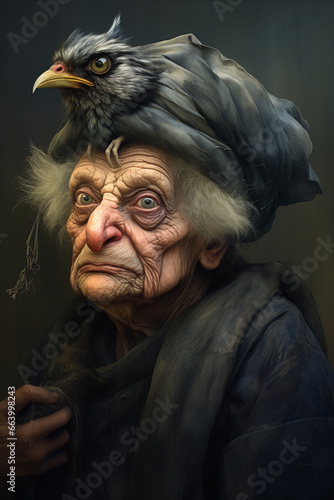 Funny Portrait of a Crazy Old Woman Farmer Holding a Chicken Bird Illustration
