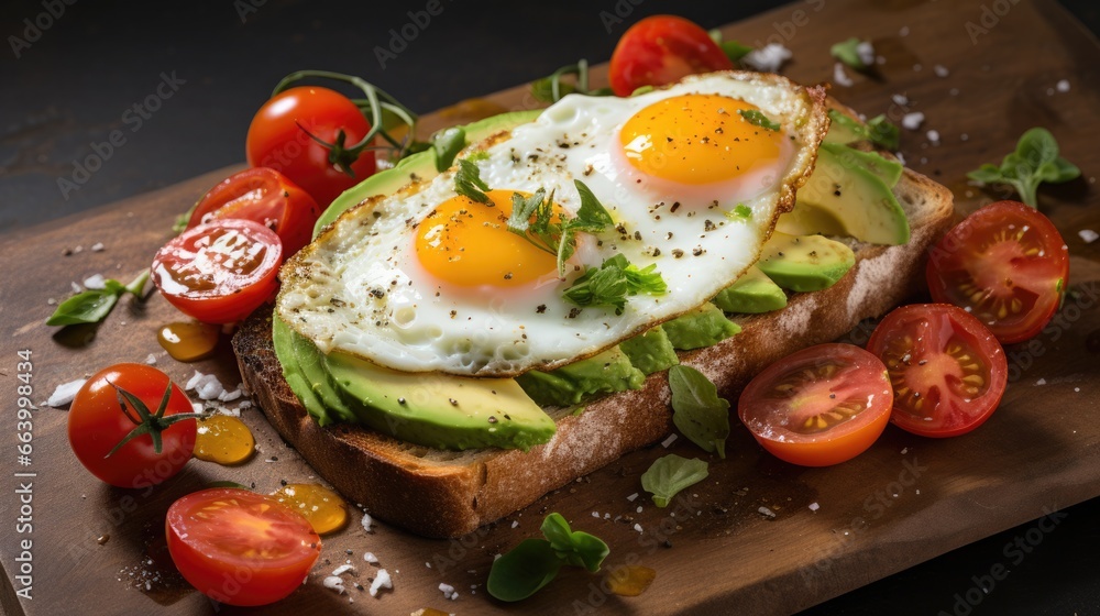 Juicy avocado toast topped with tomato slices and a sunny-side-up egg. A healthy keto breakfast with protein and fat-rich benefits. Juicy avocado toast topped with tomato slices and a sunny-side-up egg. A healthy keto breakfast with protein and fat-rich benefits.