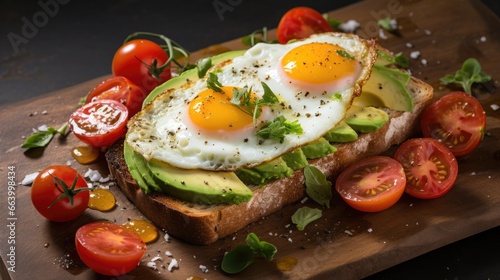 Juicy avocado toast topped with tomato slices and a sunny-side-up egg. A healthy keto breakfast with protein and fat-rich benefits.