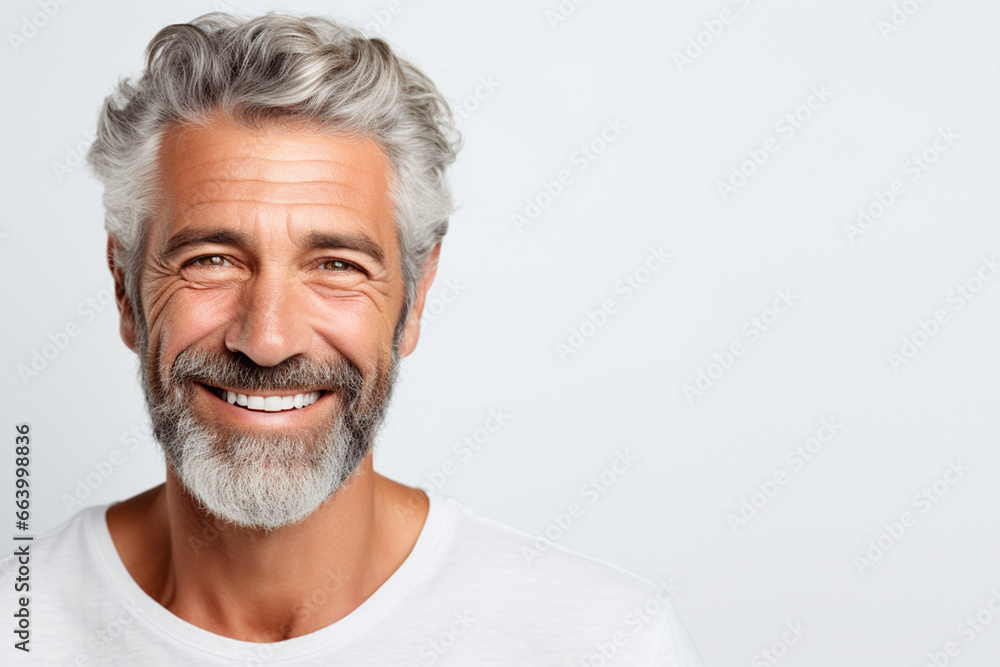 portrait of a handsome old mature man smiling with clean teeth. for a dental ad. guy with fresh stylish hair and beard with strong jawline. isolated on white background portrait of a handsome old mature man smiling with clean teeth. for a dental ad. guy with fresh stylish hair and beard with strong jawline. isolated on white background
