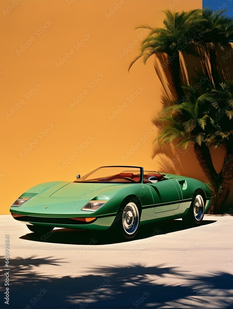 Italian car from 1990s with stucco wall in background. Green car, italian car. Created with Generative AI Technology. 