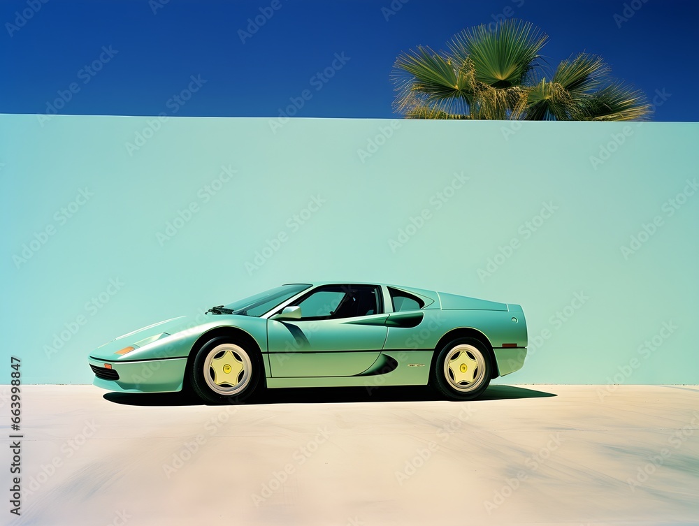 Italian car from 1990s with stucco wall in background. Green car, italian car. Created with Generative AI Technology. 