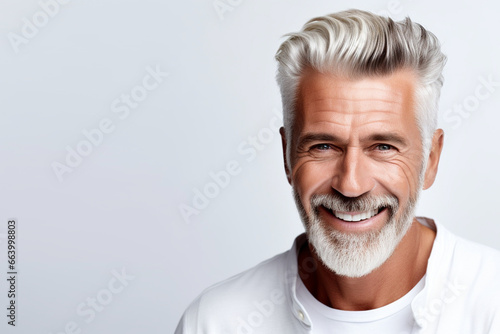  portrait of a handsome old mature man smiling with clean teeth. for a dental ad. guy with fresh stylish hair and beard with strong jawline. isolated on white background