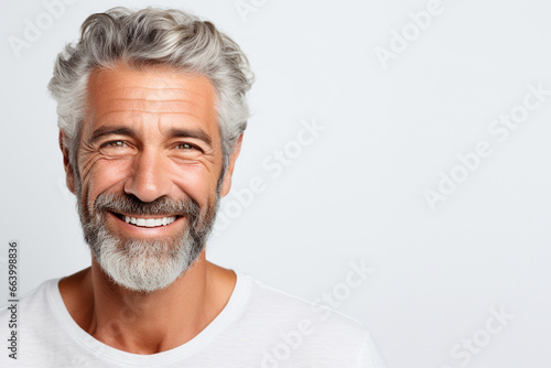  portrait of a handsome old mature man smiling with clean teeth. for a dental ad. guy with fresh stylish hair and beard with strong jawline. isolated on white background