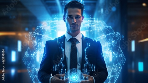  Businessman Engaging with Futuristic Blue Holographic Technology