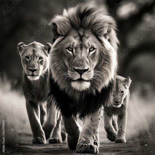Lion family in black and white © Caroline