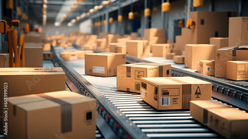 Cargo warehouse with conveyor belt full of cardboard boxes, logistics, goods distribution center © Patrizia Paradiso