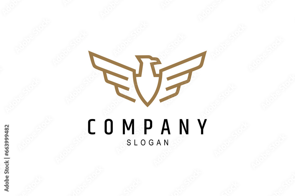 Eagle flapping its wings with breast shield emblem on line art logo design Eagle flapping its wings with breast shield emblem on line art logo design