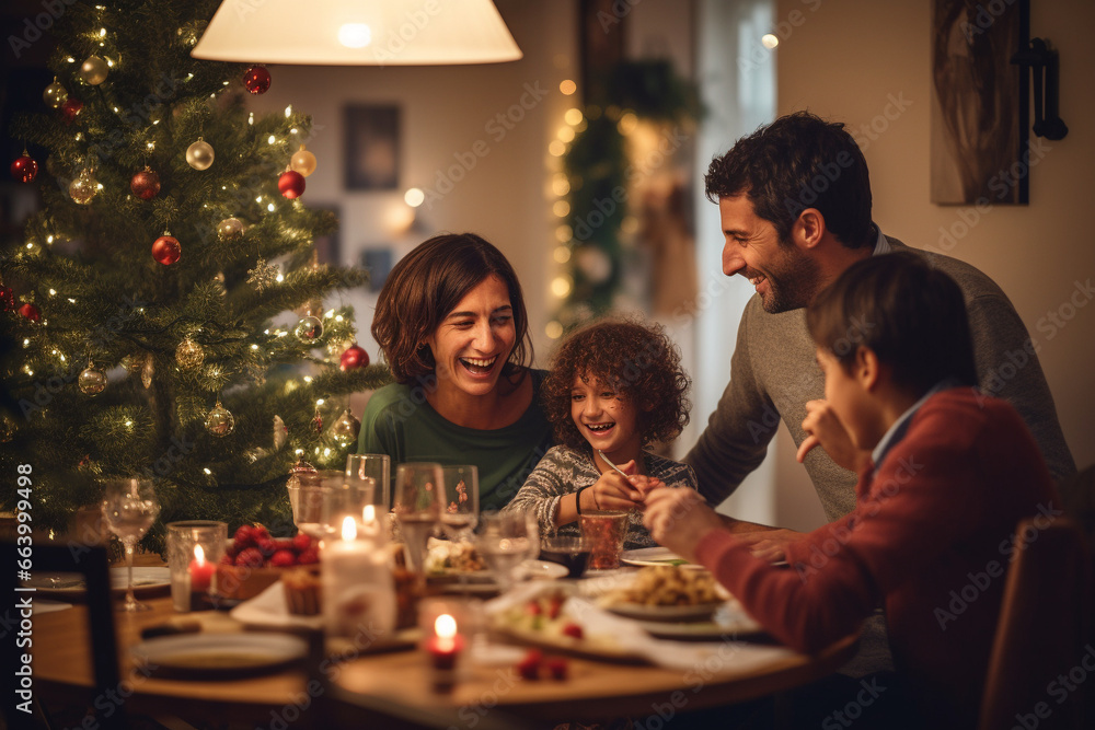 © marcin jucha - Happy family eating festive Christmas dinner with kids at home. Generative AI © marcin jucha - Happy family eating festive Christmas dinner with kids at home. Generative AI