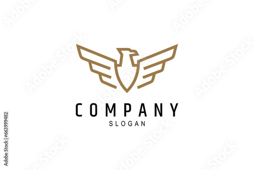 Eagle flapping its wings with breast shield emblem on line art logo design