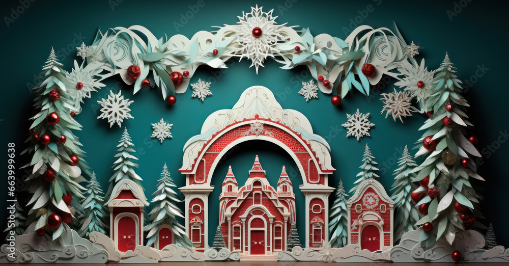 Christmas Paper Sculpture Banner, Reindeers, Presents And Christmas Trees Background For Christmas Holidays. Generative AI