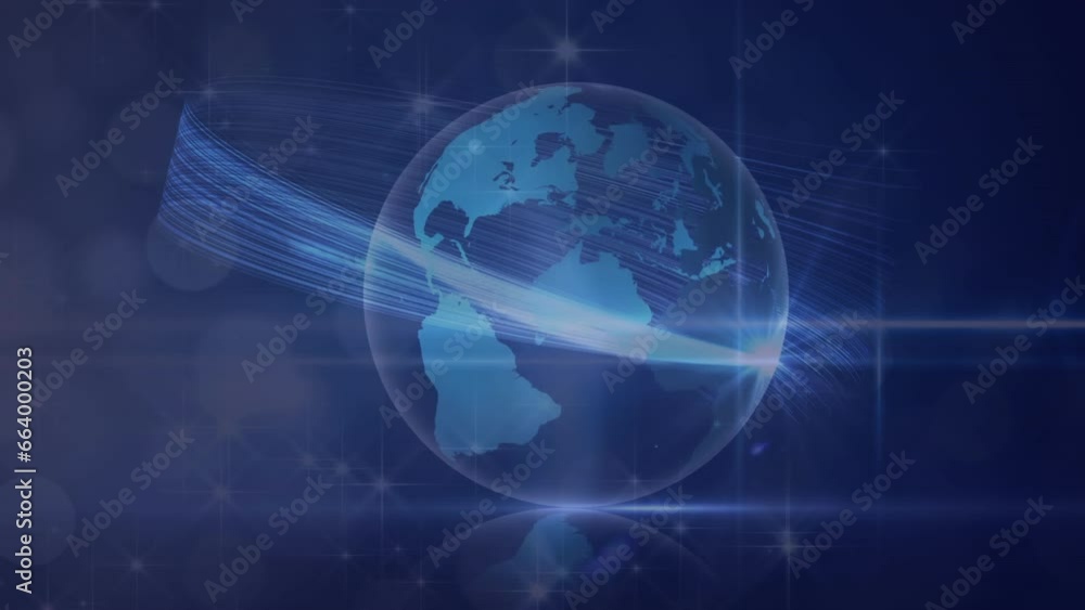 Animation of spots of light and light trails moving over spinning globe against blue background Animation of spots of light and light trails moving over spinning globe against blue background