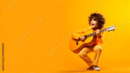 Cheerful boy child playing guitar on orange background, kids music classes concept