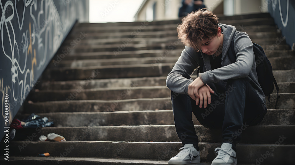 Naklejka premium Depressed young teenager boy suffering From depression sitting on stairs