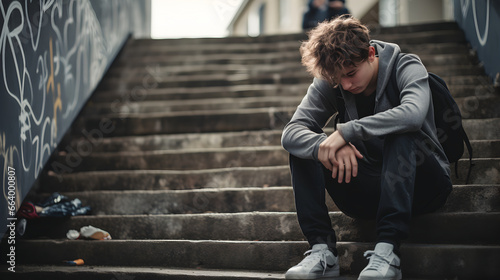 Depressed young teenager boy suffering From depression sitting on stairs