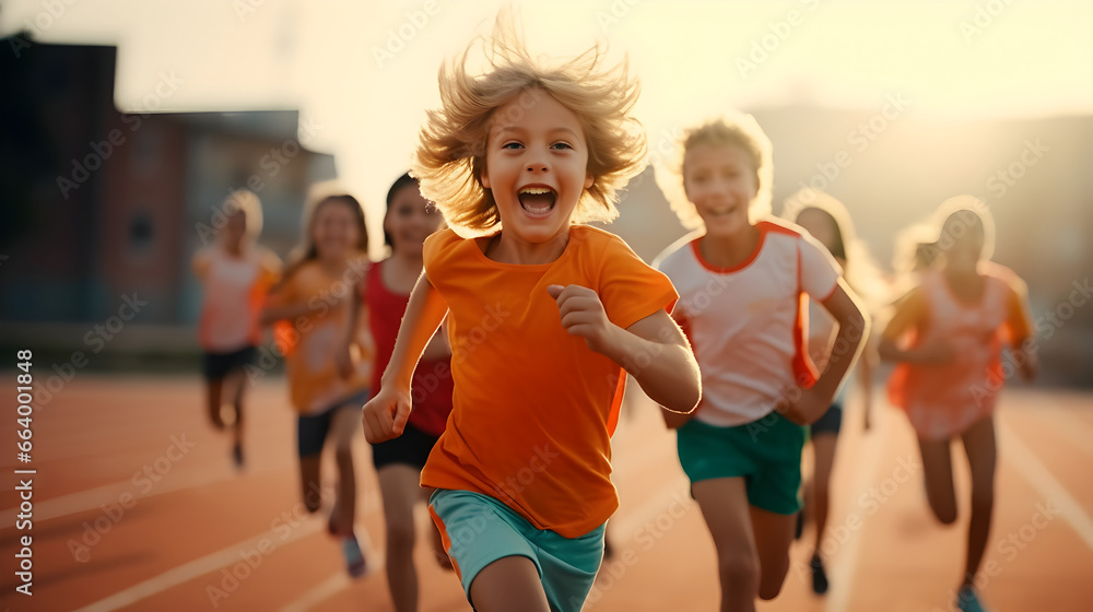 Kids running on athletic track, healthy and active lifestyle concept