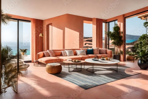 living room with peach steps and large windows, allowing for fiery lava views © Sana