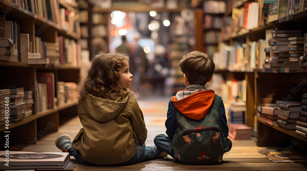 Small boy and girl at bookstore, looking at shelves filled with books, and talking about the books
