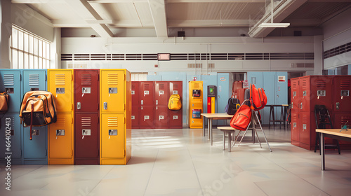 School lockers with equipments, items and accessories for education and schooling