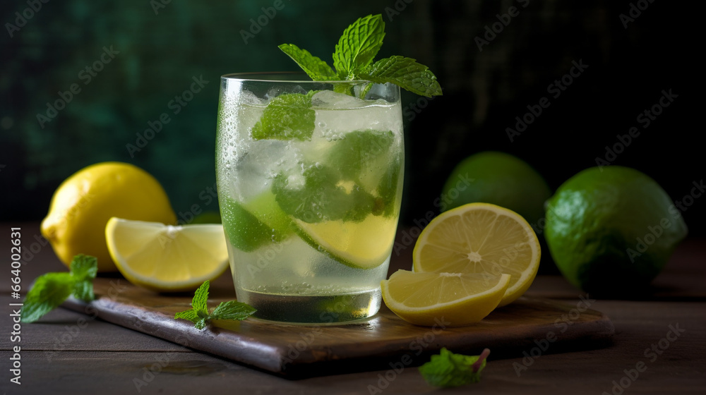 Homemade lemonade with cucumber and mint, dark background Homemade lemonade with cucumber and mint, dark background