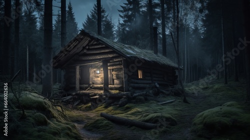Old lumberjack hut in the middle of a dark forest at night