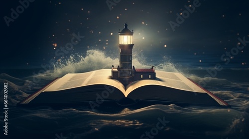 Double exposure of a lighthouse and an open book, representing guidance and knowledge.