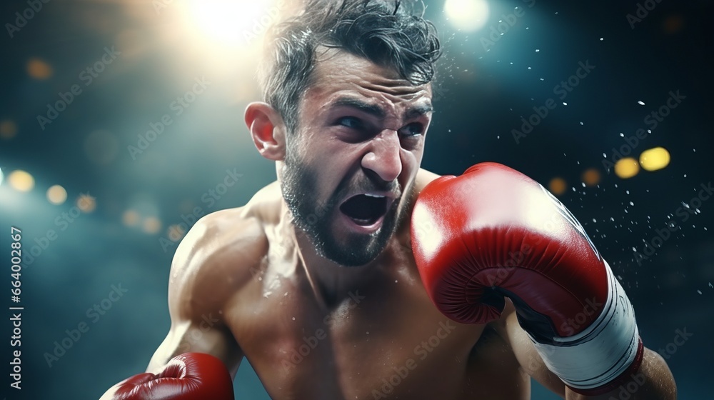 A boxer delivering a knockout in a professional match. - obrazy, fototapety, plakaty 