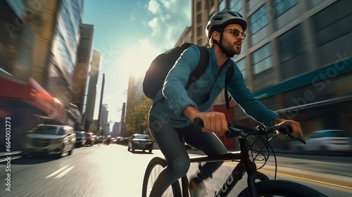 A dynamic shot of a bicyclist navigating through a city street. photo