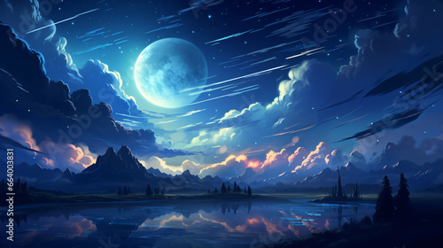 A nocturnal scenery with a celestial orb  billowy clouds and glittering constellations.