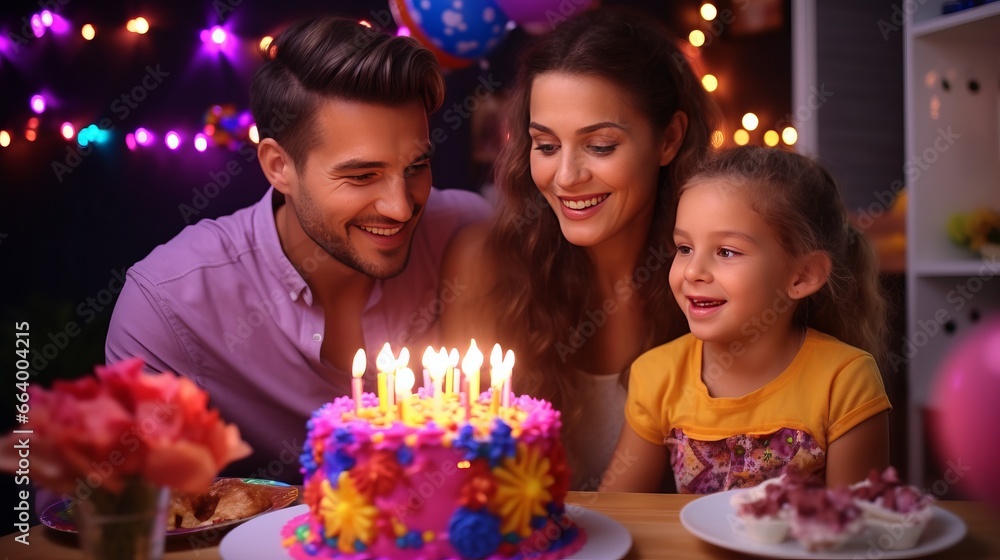 A family celebrating a birthday with a homemade cake in a joyful moment. A family celebrating a birthday with a homemade cake in a joyful moment.