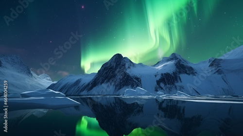 The starry reflection of Aurora Borealis glitters over the snowy peaks and tranquil waters.