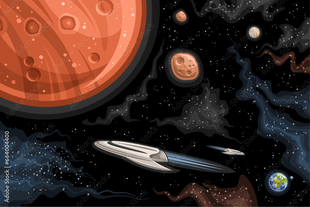 Vector Space Chart, astronomical horizontal poster with illustration of orbiting Phobos and Deimos about red Mars, sci fi research vehicle in deep space, cosmo print on black starry space background