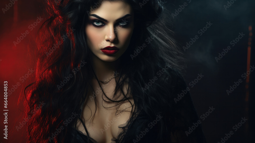 High Fashion Model Girl Portrait with Trendy gothic make-up, Black Hair style, Make up, dark accessories. Halloween Vampire Woman portrait with black smoky eyes, feathers dress, over black background High Fashion Model Girl Portrait with Trendy gothic make-up, Black Hair style, Make up, dark accessories. Halloween Vampire Woman portrait with black smoky eyes, feathers dress, over black background