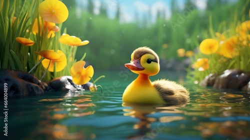 Cute scene of a little duck in nature, illustration in 3d cartoon style. Created with Generative Ai technology.