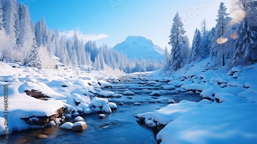 A frosty mountain stream windingly traverses a glistening blanket of snow.