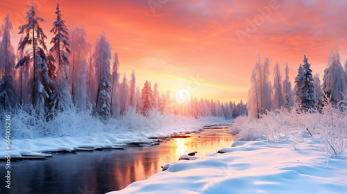 A picturesque winter forest basking in a vivid sunrise creates a magical Christmas scene. © ckybe