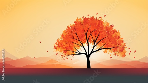 Solitary autumn tree with falling leaves on minimalistic nature background, lone orange yellow tree capturing essence of autumn season quiet beauty, serene and quiet beauty of autumn season