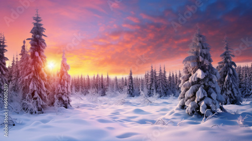 A hued dawn illuminates a festive, snow-blanketed woodland. © ckybe