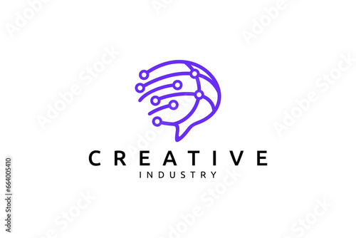brain logo with technology combination in line art design style