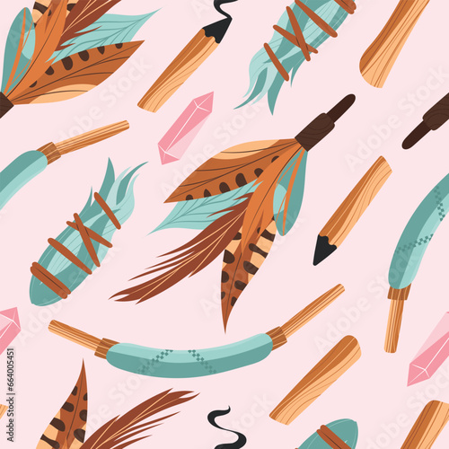 Seamless pattern with ritual smudge with feathers, sage, crystals, palo santo for fumigation and snuff