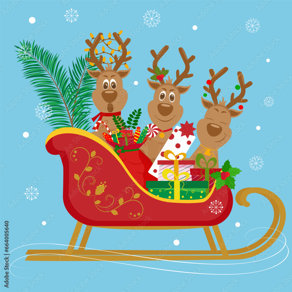 Fototapeta premium Christmas card design with Christmas sledge and 3 reindeers with gift boxes inside. Cute Holiday brochure on blue background. Stock vector illustration