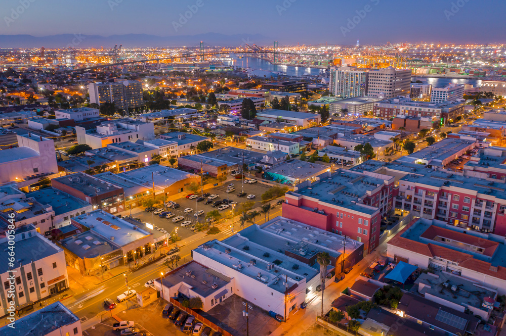 Aerial view of Downtown San Pedro facing Vincent Thomas Bridge and Long Beach at twilight