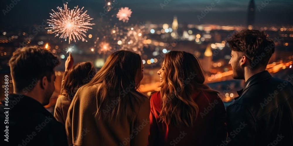 Group of young people watching fireworks over the city