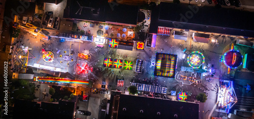 Aerial view of colorful church carnival in San Pedro California