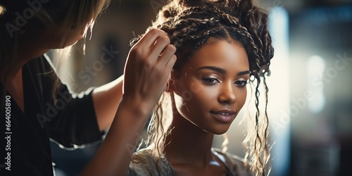 Beautiful african american woman with dreadlocks at beauty salon photo